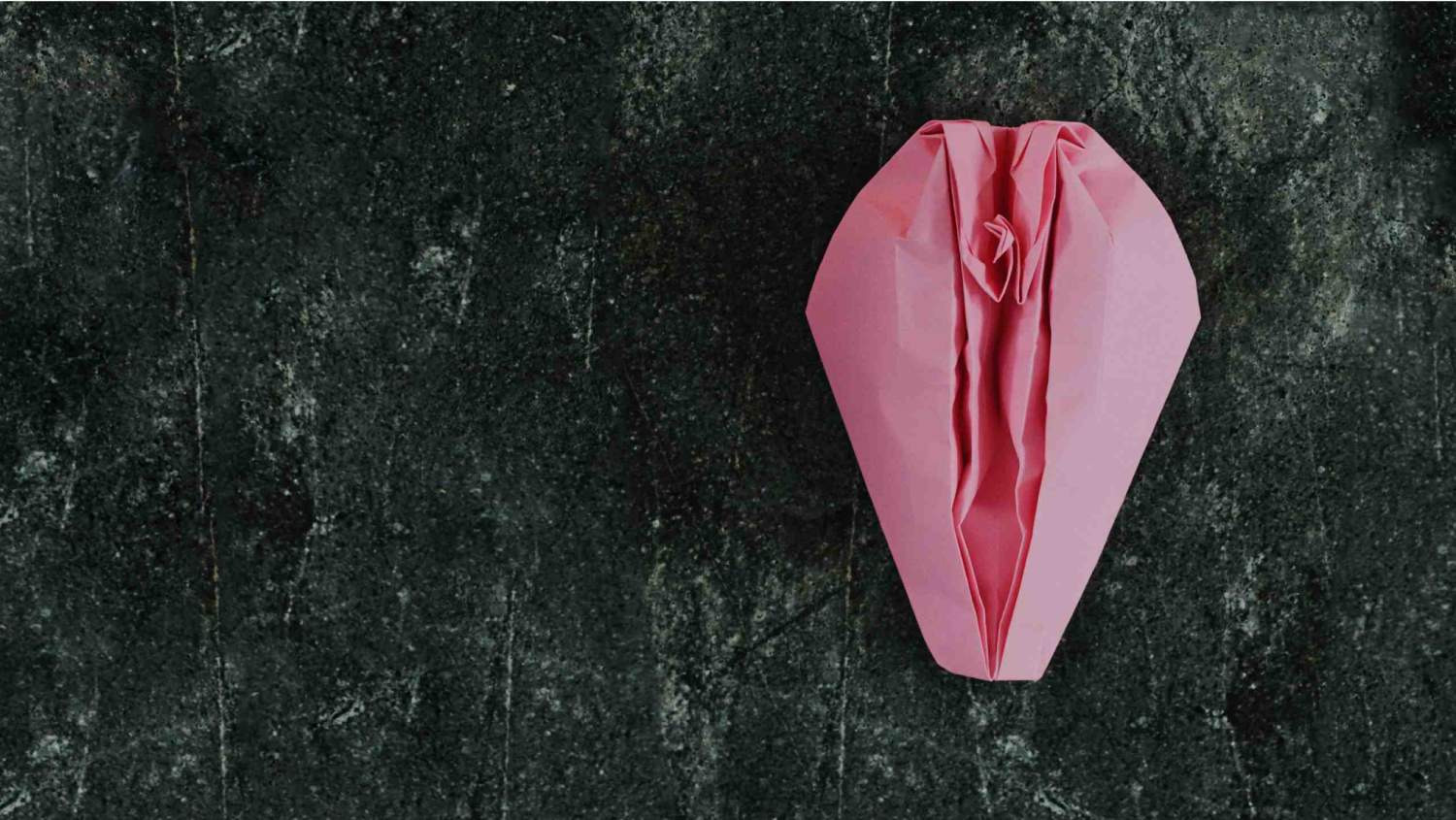 Un origami rosa a forma di vulva con la scritta “Il nostro obiettivo: abbattere i tabù legati alle parti intime femminili per liberare le donne da uno stigma”